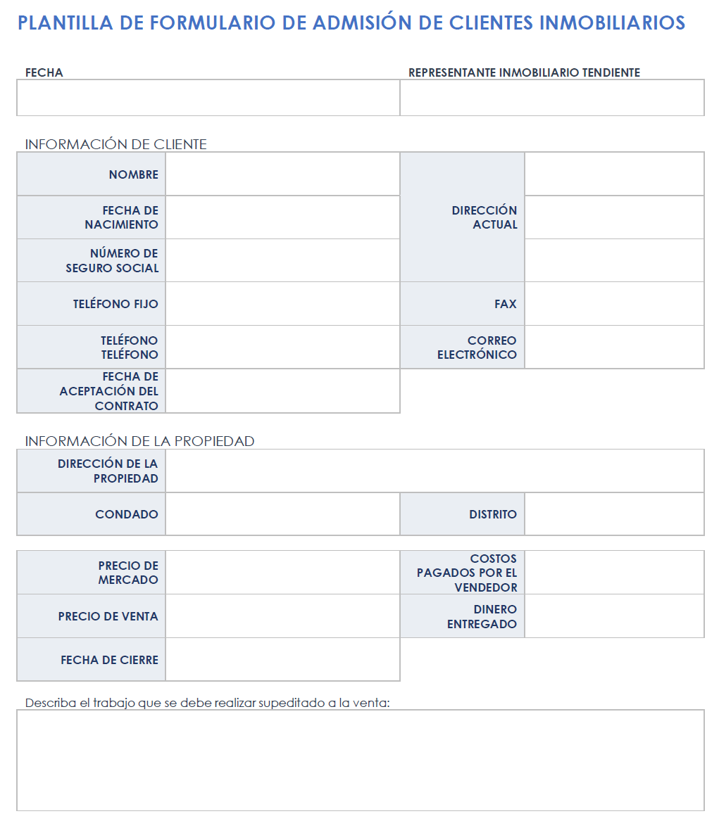 Formulario de admisión de clientes inmobiliarios