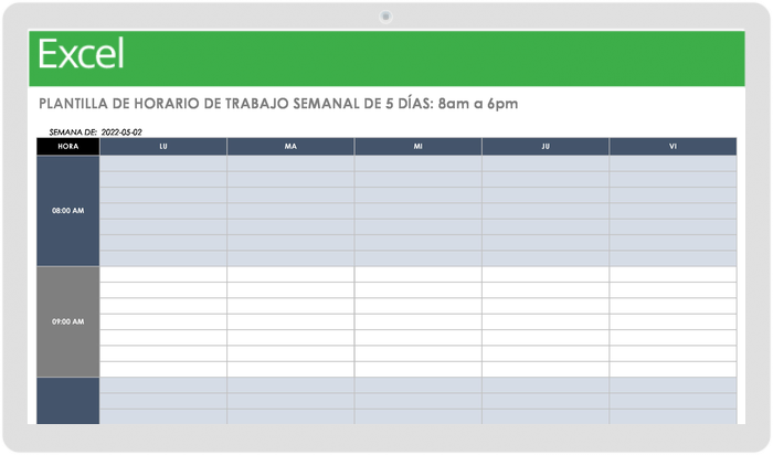 PLANTILLA DE HORARIO DE TRABAJO SEMANAL DE 5 DÍAS 8AM - 6PM