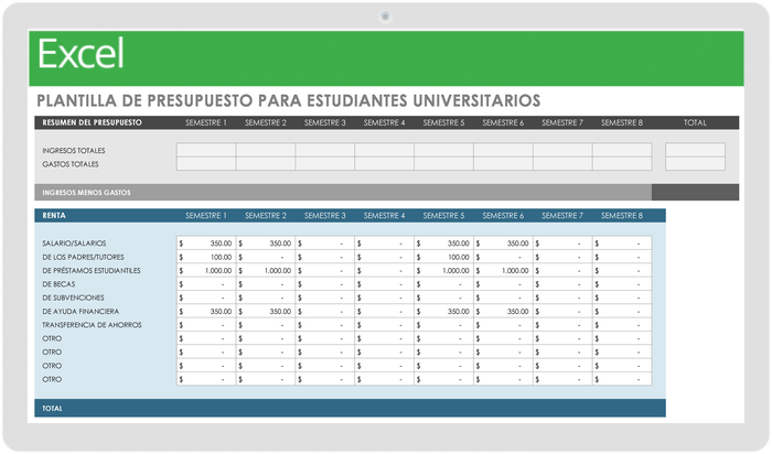 Plantilla de Presupuesto de Estudiante Universitario