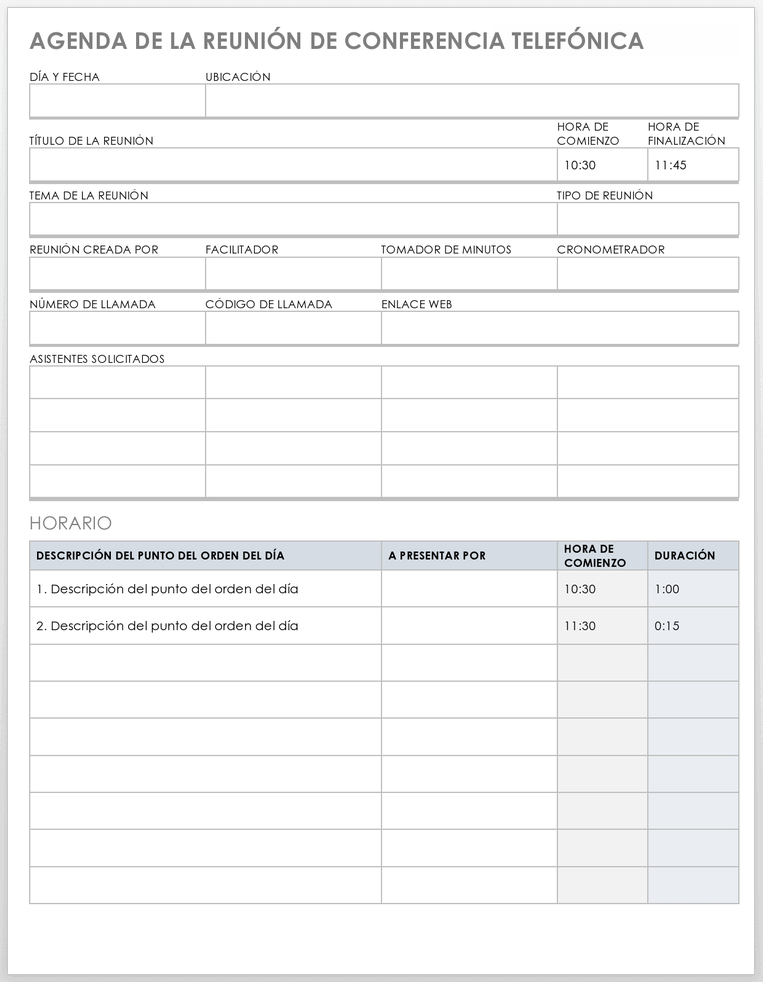 Plantilla de agenda de reunión de llamada de conferencia