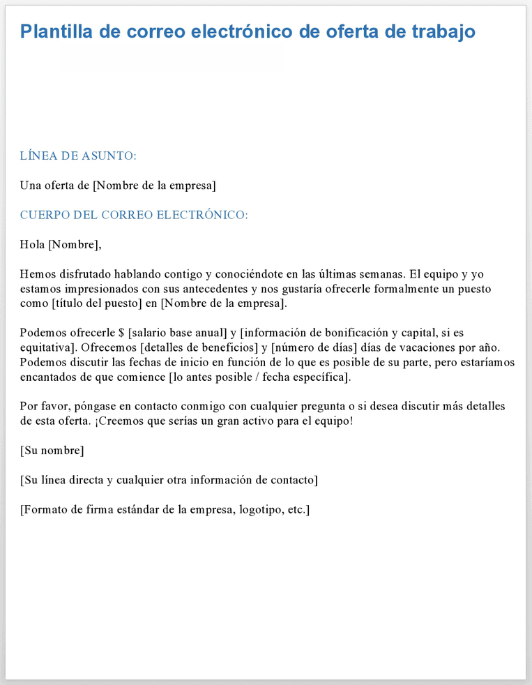 CORREO ELECTRÓNICO DE OFERTA DE TRABAJO