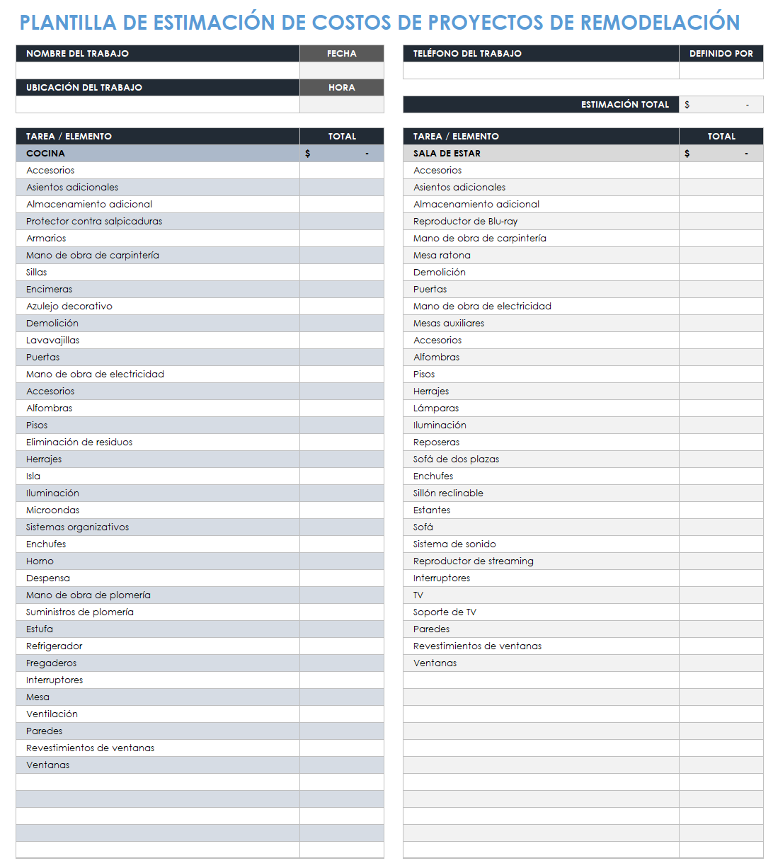 Plantilla de estimación de costos de proyecto de remodelación