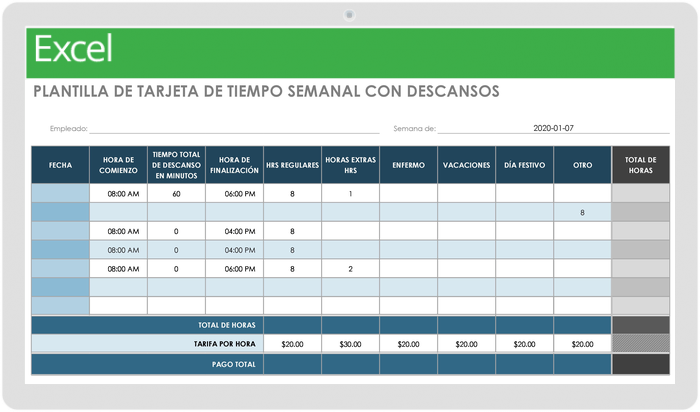 Plantilla de Tarjeta de Tiempo Semanal Con Descansos